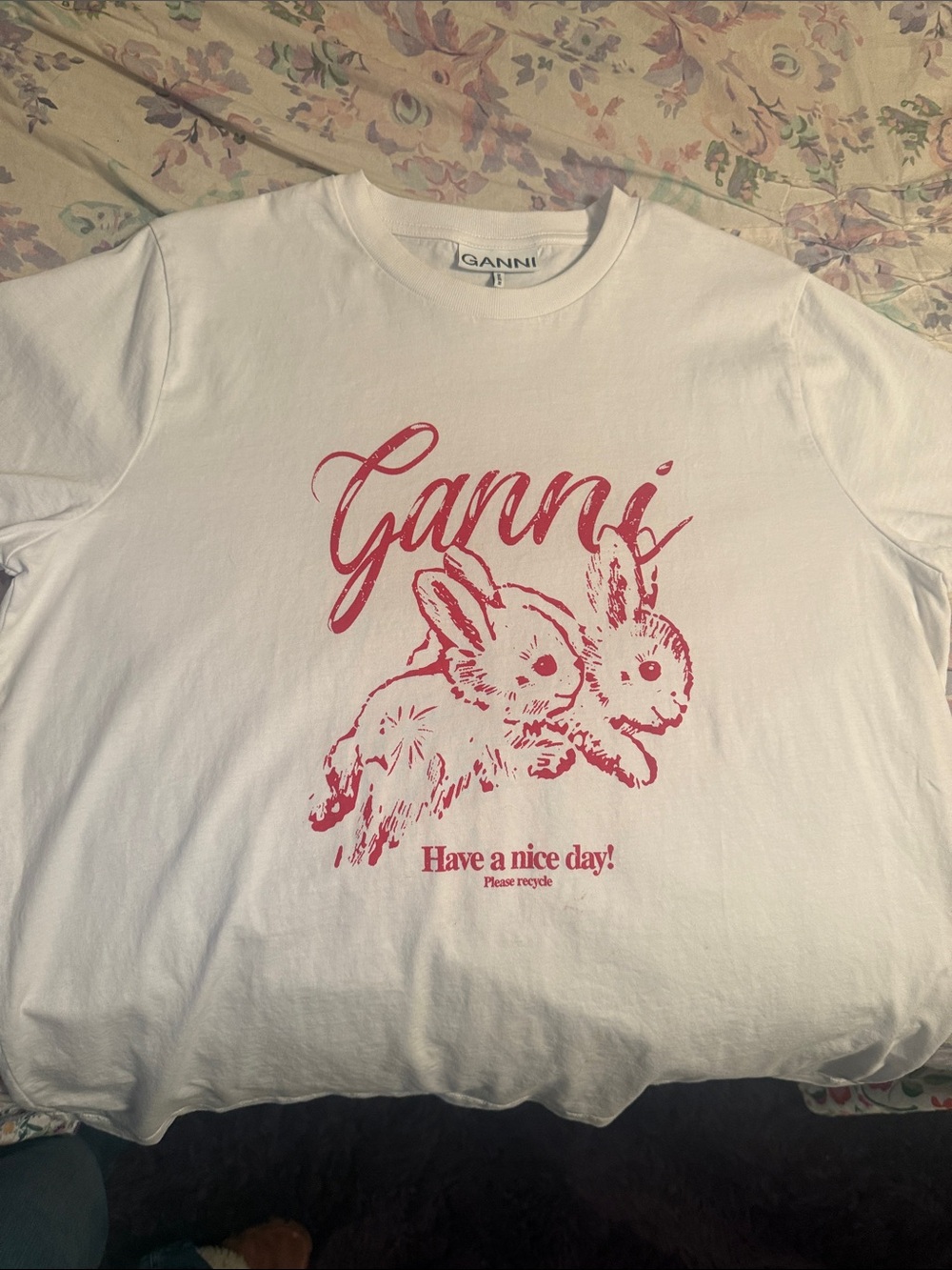 Ganni White Short Sleeve Tee with Pink Bunny Graphic